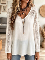 Women V Neck Crochet Lace Patchwork Long Sleeve Blouse, Boho Loose Tunic Top