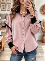 Retro Chic Ruffle Corduroy Art Casual Stylish Long Sleeve Lapel Shirt