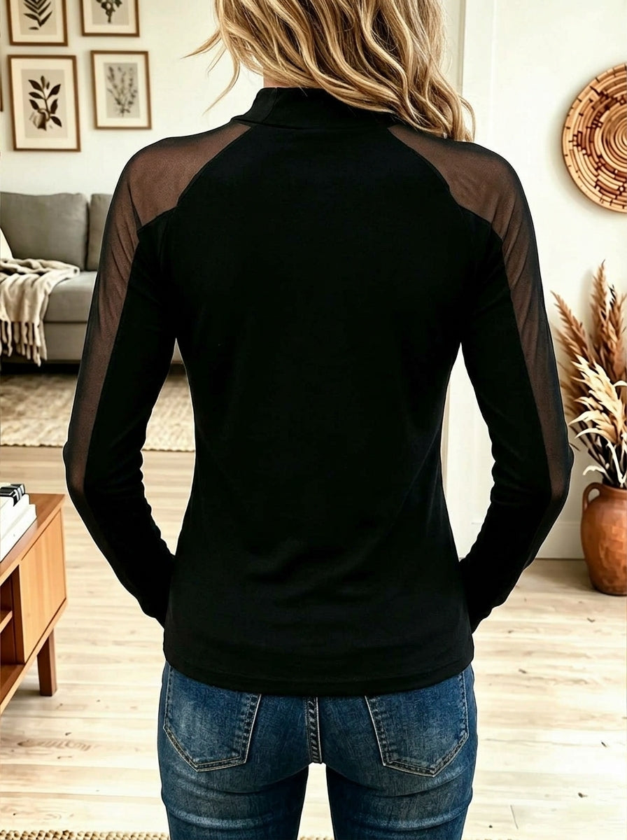 Women Mock Neck Mesh Raglan Sheer Long Sleeve Slim Fitted Basic Top
