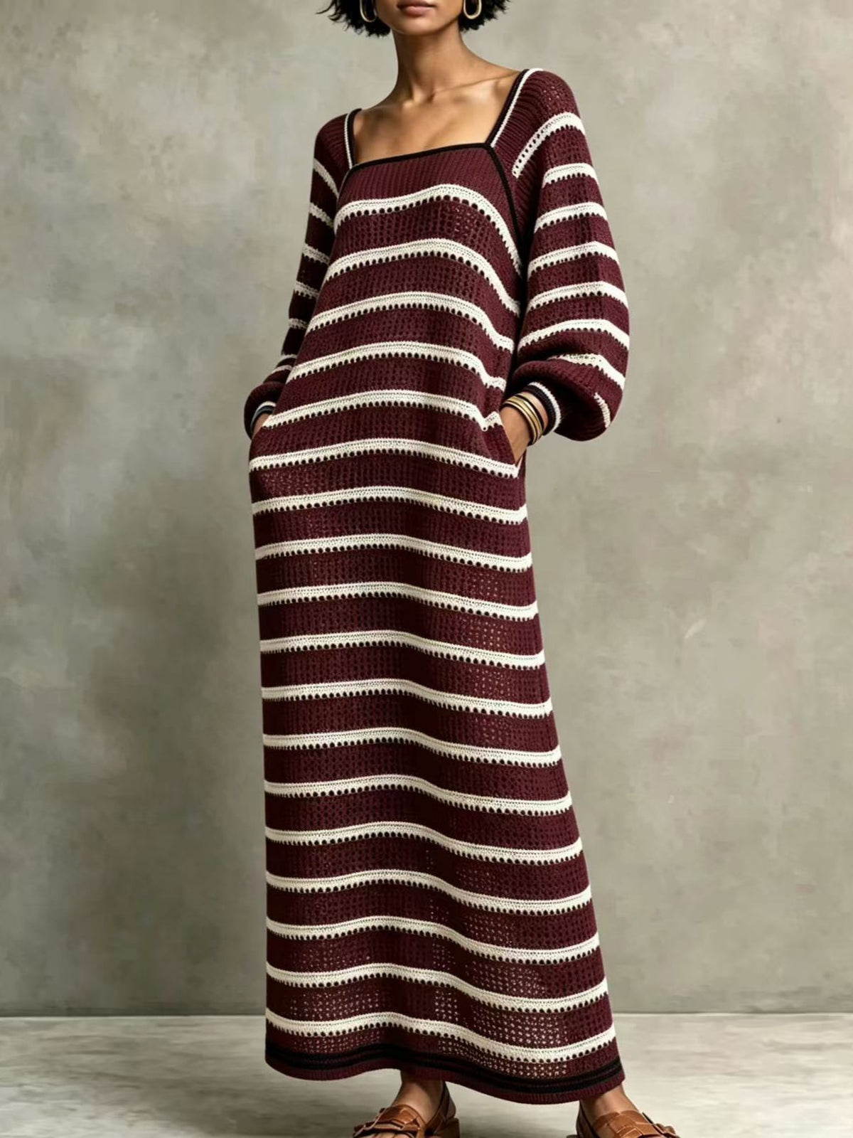 Women Square Neck Stripe Knit Long Sleeve Pocket Maxi Dress