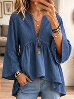 Women's V Neck Crinkle Texture Flared Long Sleeve Peplum Blouse