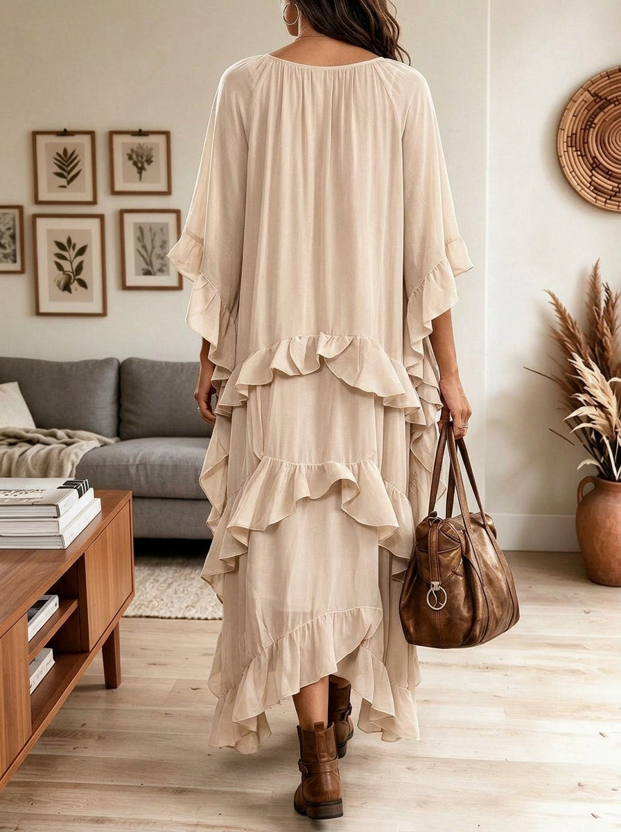 Women Flowy Ruffled Tiered Maxi Dress, Loose Batwing Sleeve Bohemian Long Dress