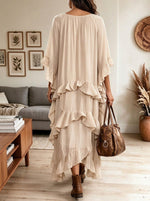 Women Flowy Ruffled Tiered Maxi Dress, Loose Batwing Sleeve Bohemian Long Dress