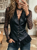 Vintage Elegant Pu Leather Patchwork Chiffon Vest