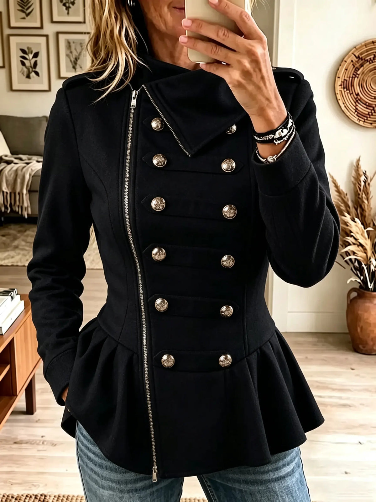 Women's Military Peplum Asymmetrical Zip Jacket