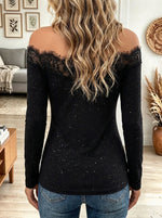 Women's Black Off-The-Shoulder Long Sleeve Top with Scalloped Lace Trim and Shimmer Detailing