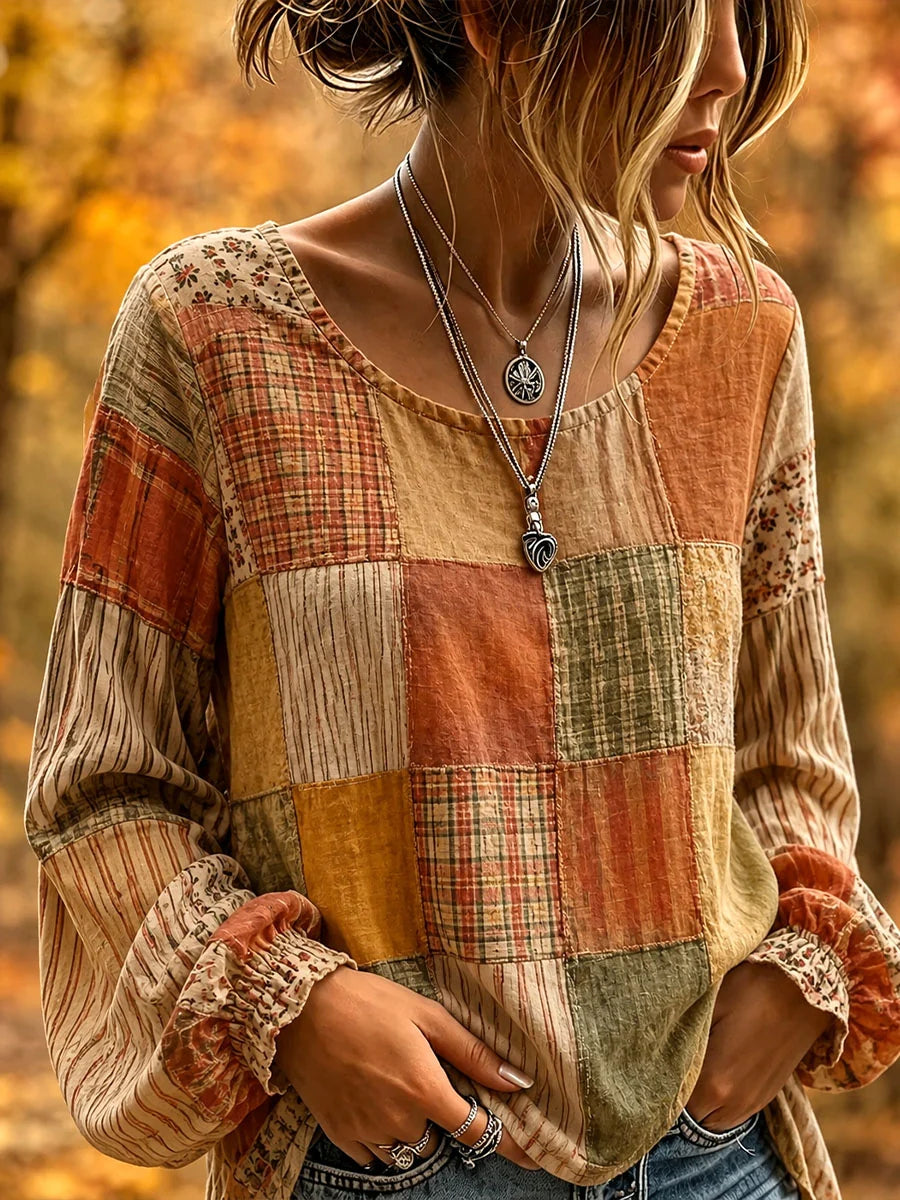 Women's Autumn Patchwork Plaid Balloon Sleeve Blouse