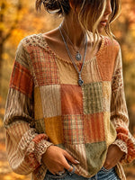 Women's Autumn Patchwork Plaid Balloon Sleeve Blouse