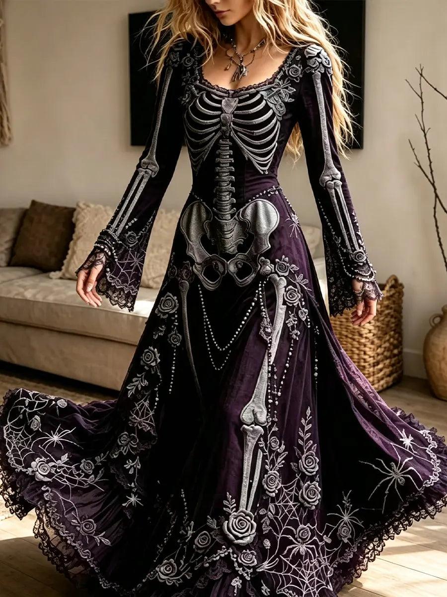 Women's Halloween Crew Neck Long Sleeve Maxi Dress