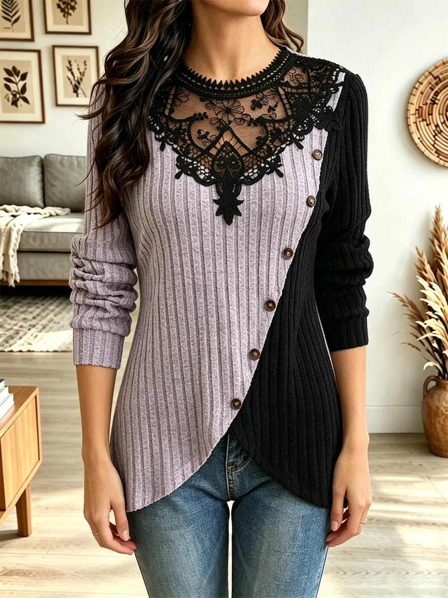 Elegant Floral Lace Patchwork Knit Art Casual Stylish Long Sleeve Top