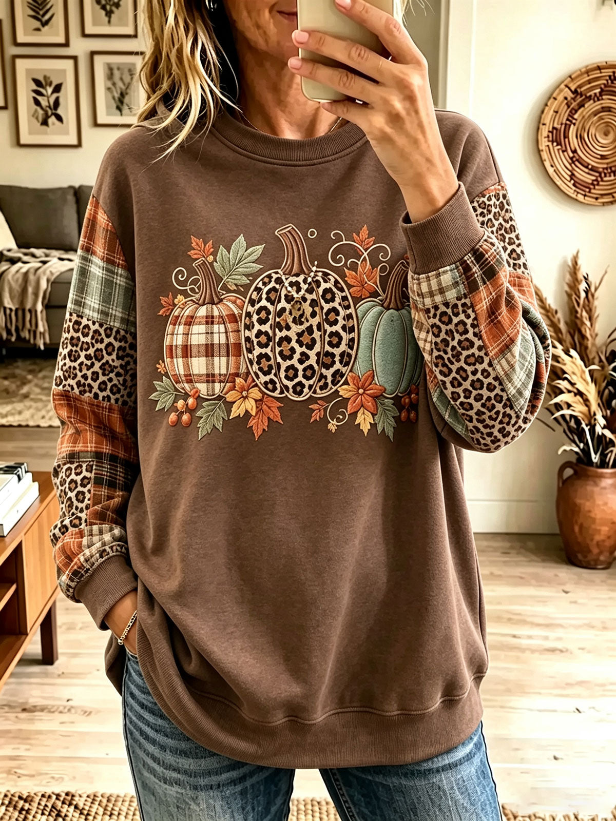 Women Fall Pumpkin Plaid Leopard Patchwork Sleeve Crewneck Sweatsh