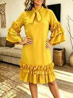 Women Bow Tie Neck Layered Ruffle Bell Sleeve Shift Midi Dress