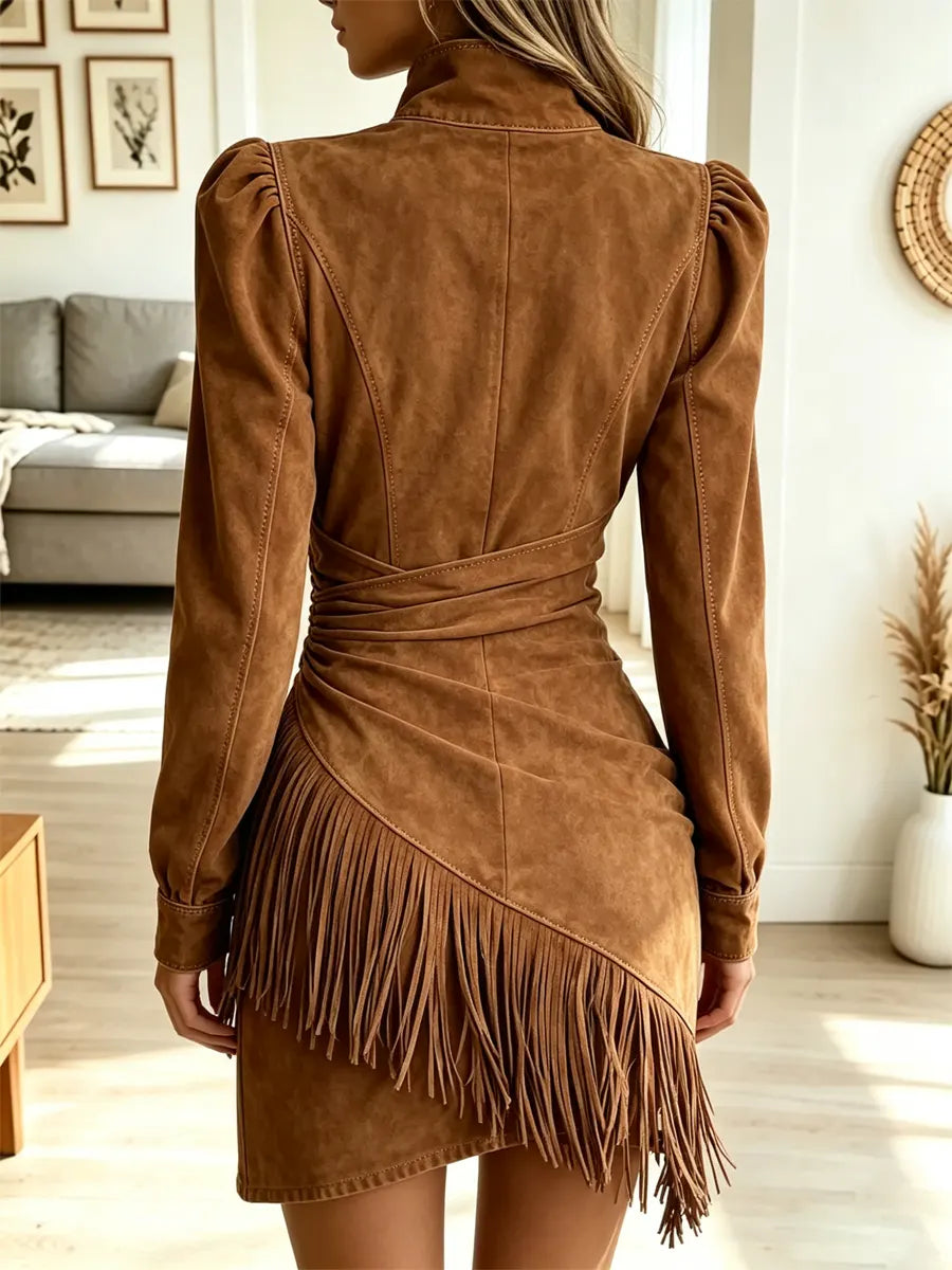 Vintage Chic Western Fringe Art Zip Casual Stylish Long Sleeve Dress