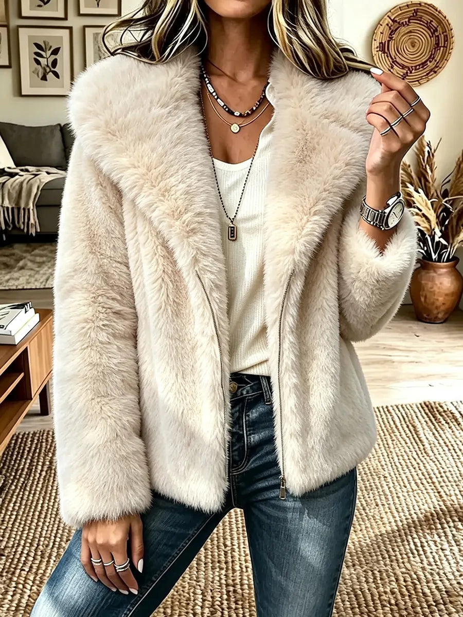 Women's Large Lapel Faux Fur Zip-up Plush Jacket