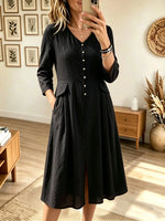 Women's V-Neck Button-Down Flap Pocket Linen Midi Dress