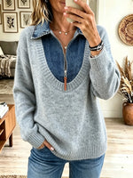 Women's Denim Patchwork Half-Zip Knit Sweater