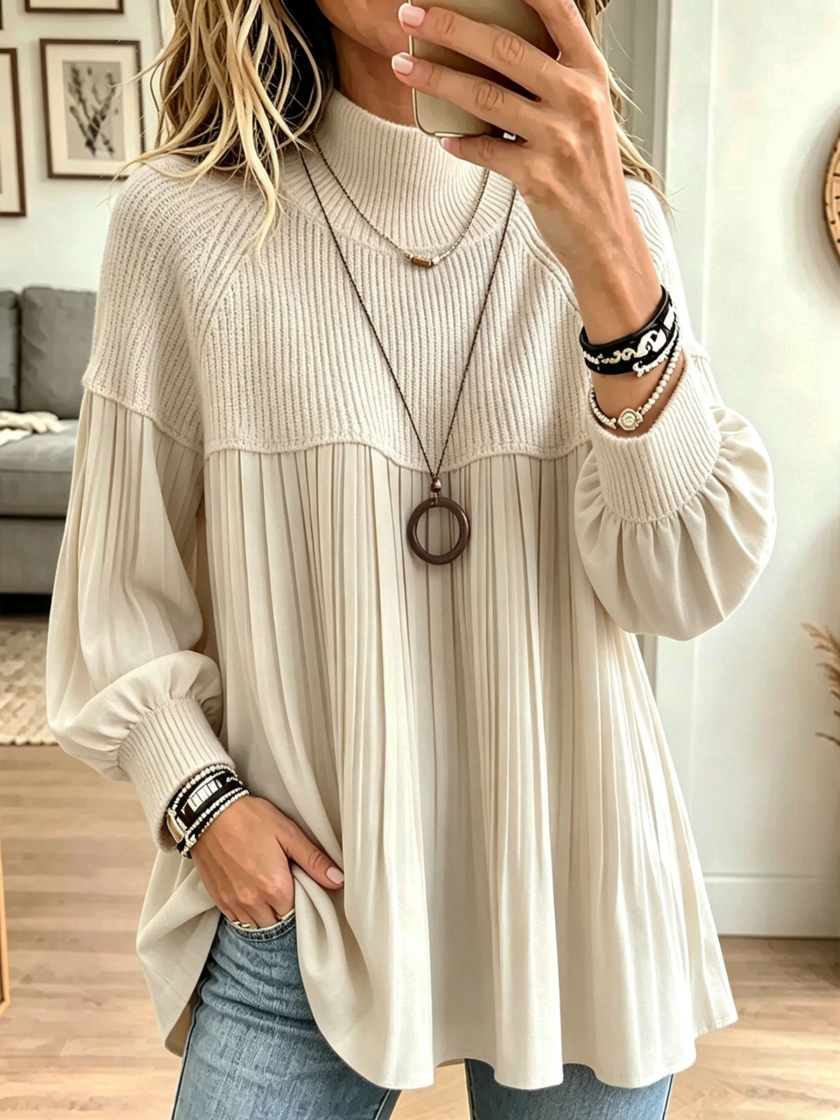 Women Turtleneck Knit Spliced Pleated Lantern Long Sleeve Blouse