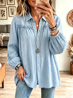 Retro Solid Color Art Casual Ruffle Stylish Long Sleeve Cotton Linen Shirt