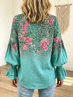 Women Leopard Floral Gradient Ruffle Balloon Sleeve Button‑down Shirt