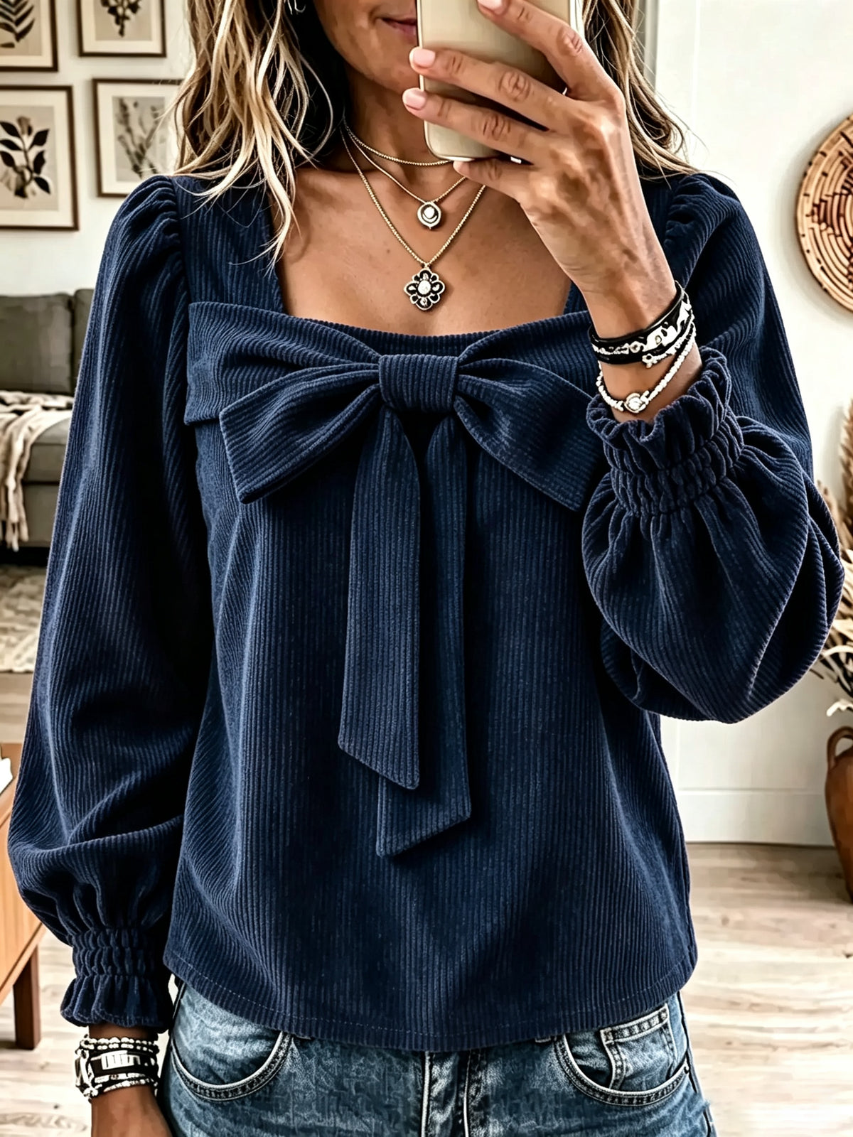 Women's Front Bow Corduroy Puff Sleeve Top