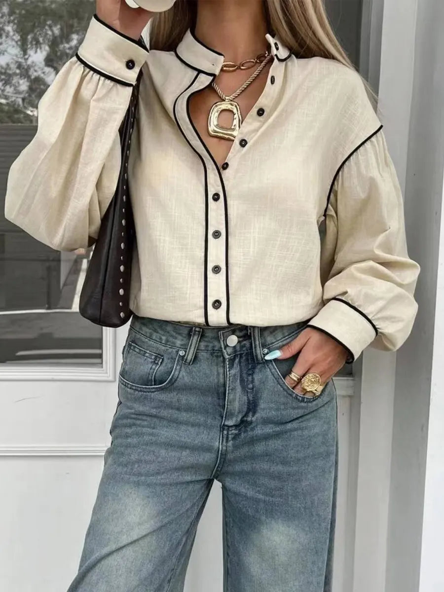 Retro Color Block Art Stand Collar Casual Long Sleeve Cotton Shirt