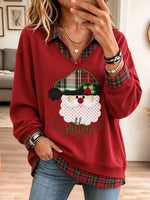 Women Santa Applique Plaid Fake Two Piece Christmas Sweatshirt