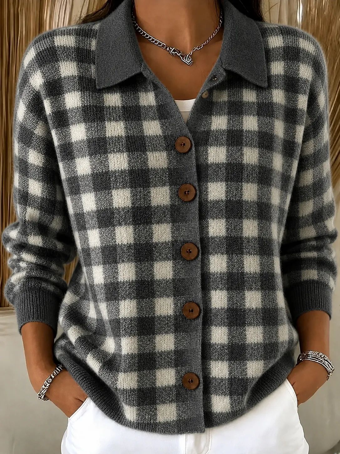 Women Light Blue Gingham Collared Button Knit Cardigan