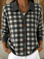 Women Light Blue Gingham Collared Button Knit Cardigan