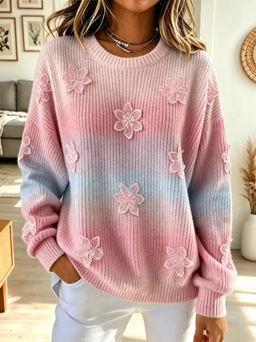 Vintage Gradient Floral Knit Art Casual Stylish Long Sleeve Sweater