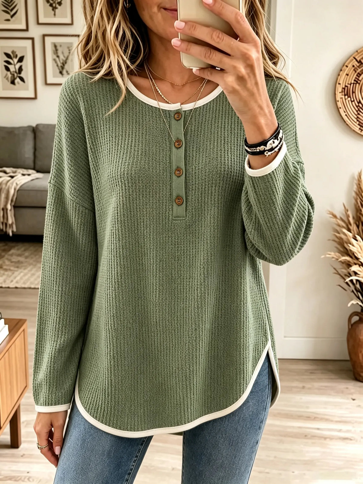 Women's Waffle Knit Button-Down Henley Tunic