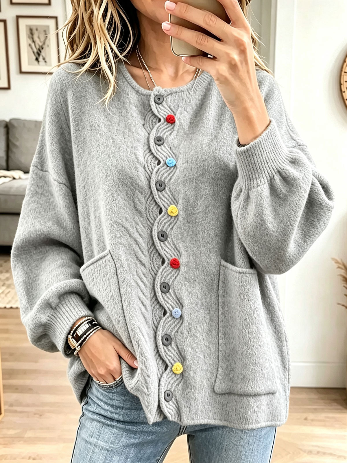Women Green Wavy Trim Colorful Buttons Pocket Knit Cardigan
