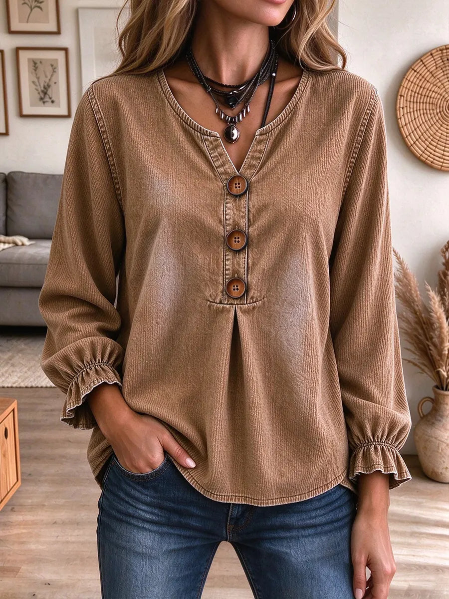 Women's Henley Collar Long Sleeve Ruffle Top
