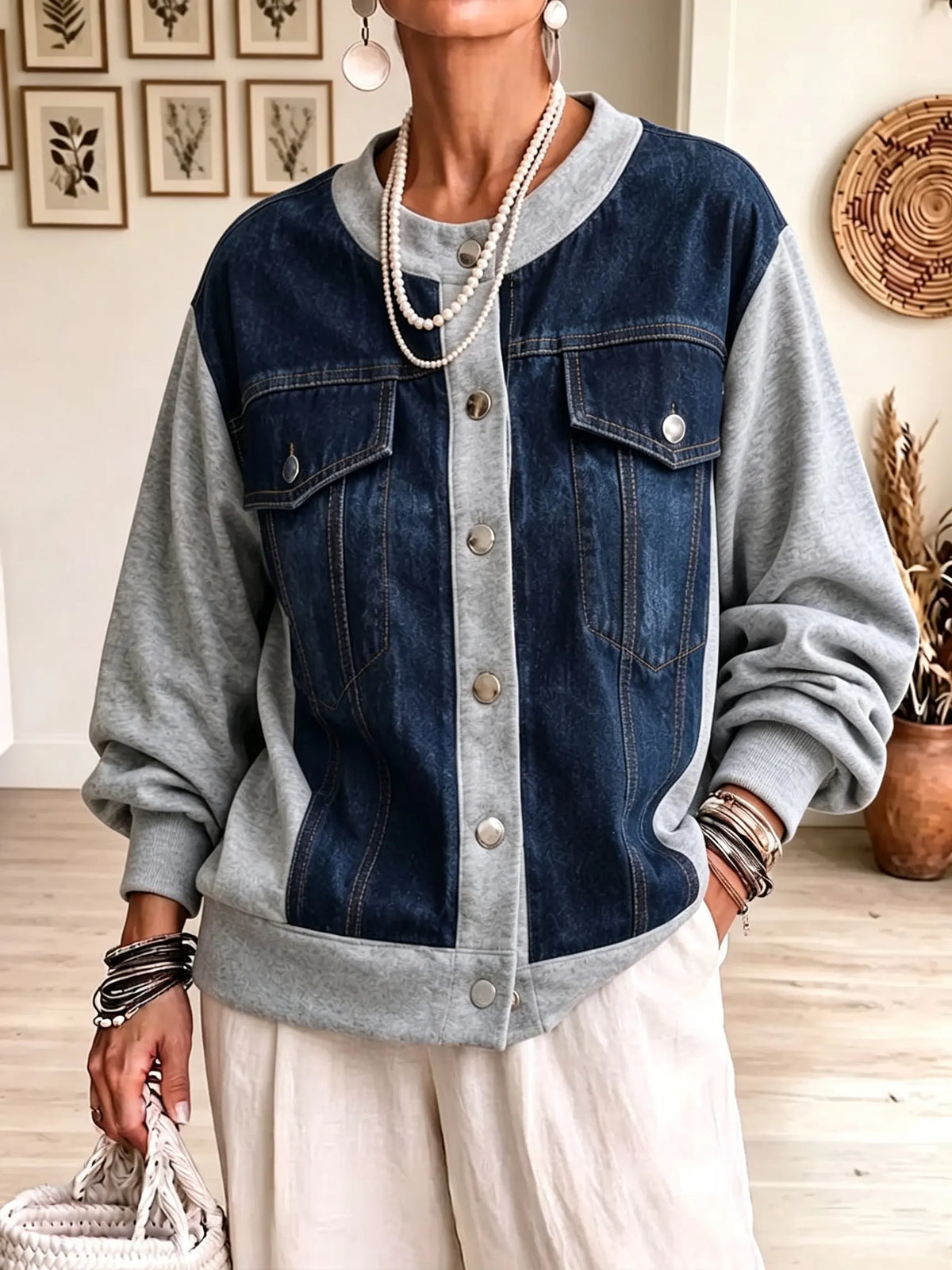 Women's Denim Patchwork Sweatshirt Jacket