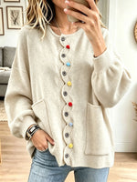 Women Green Wavy Trim Colorful Buttons Pocket Knit Cardigan
