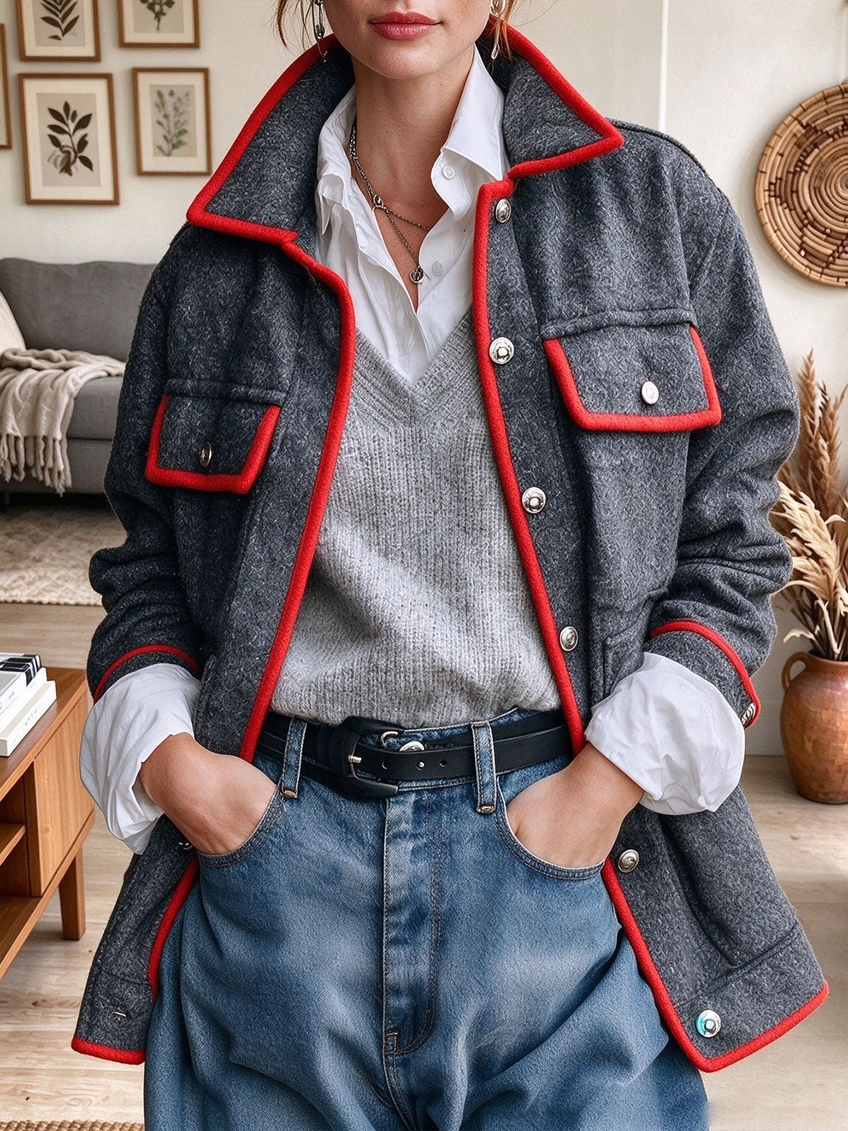 Women's Grey Oversized Woolen Jacket with Bold Red Piping Trim