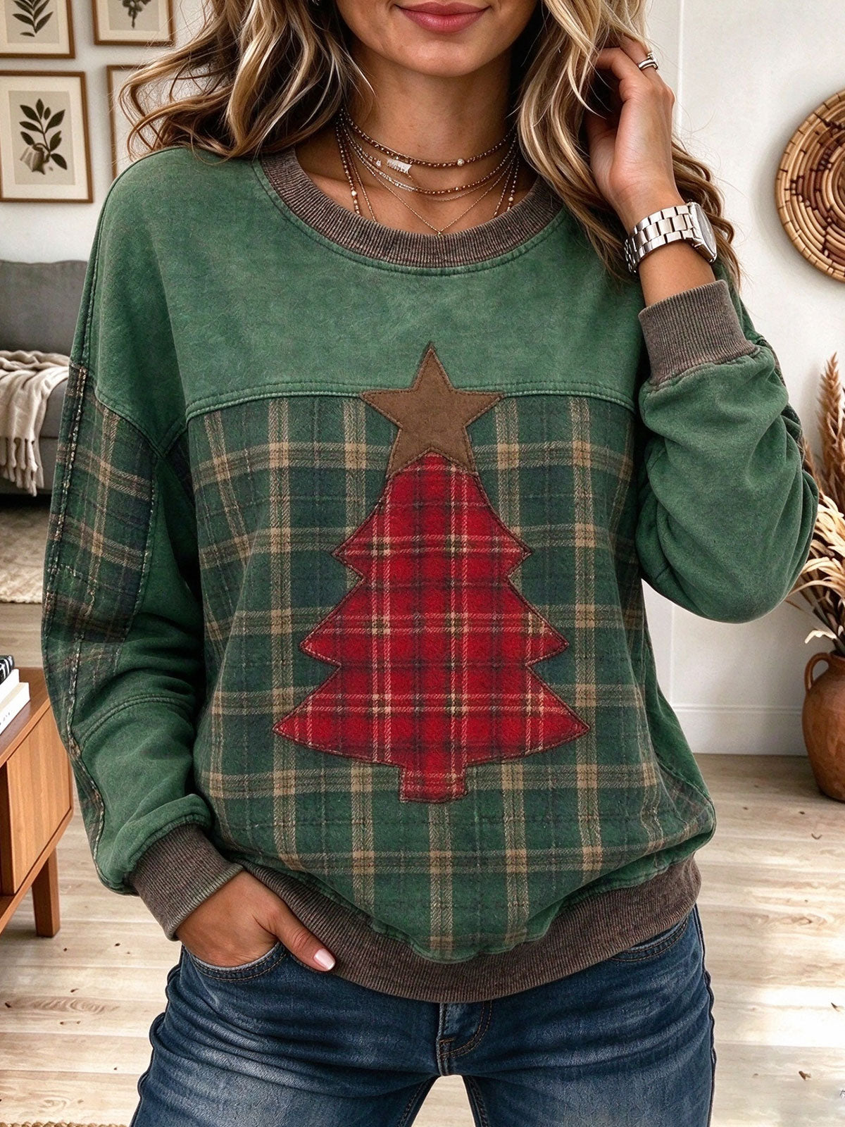 Women's Green Plaid Christmas Tree Patchwork Sweatshirt with Raw Edges