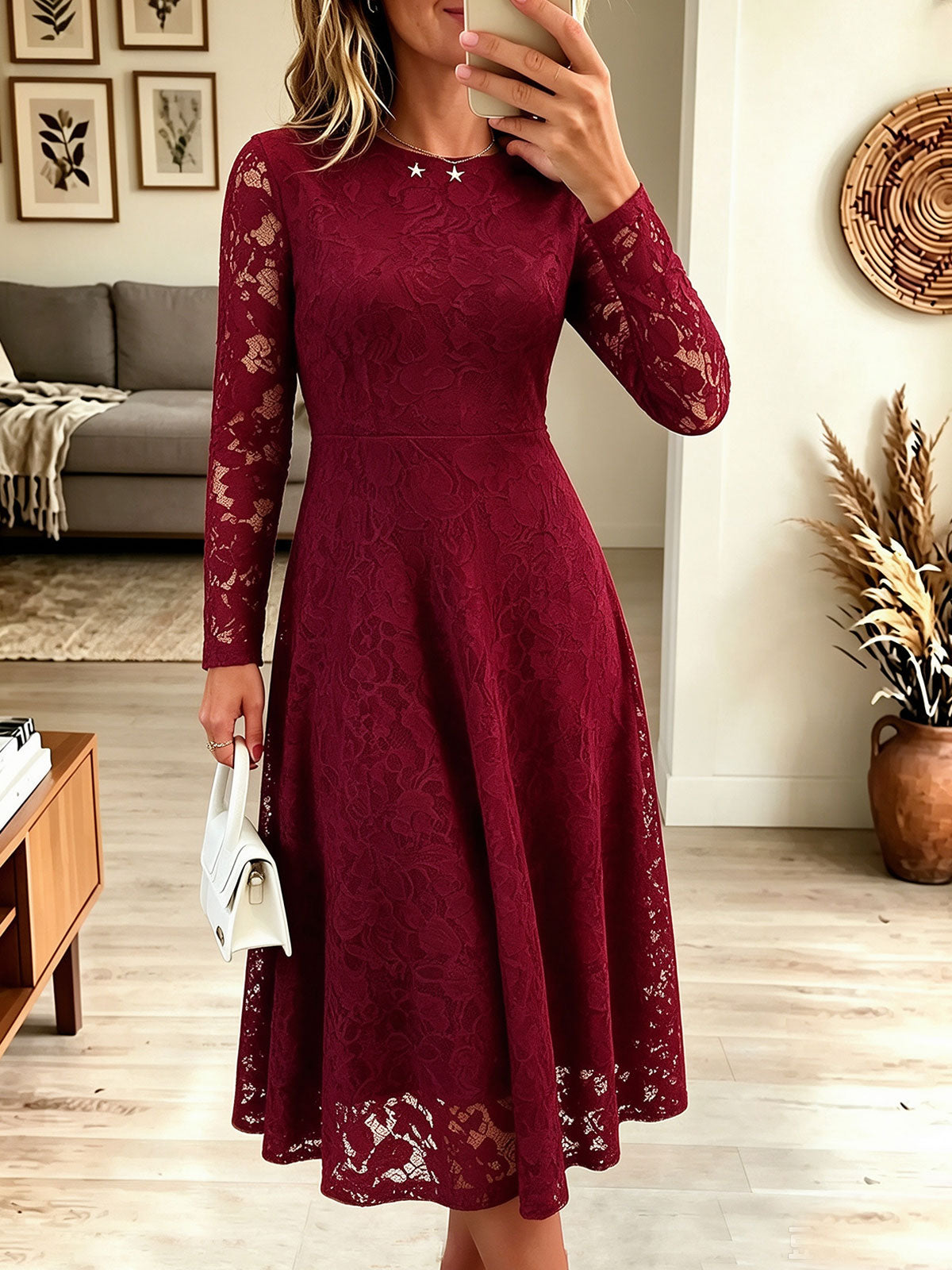 Women's Long Sleeve Full Lace Midi Dress, Round Neck A-Line Flowy Party Dress