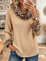 Vintage Elegant Waffle Knit Patchwork Leopard Turtleneck Shirt