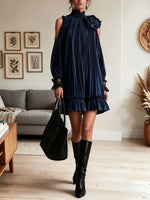 Women Cold Shoulder Pleated Mini Dress, Long Sleeve Lace Cuff Ruffle Hem Party Dress