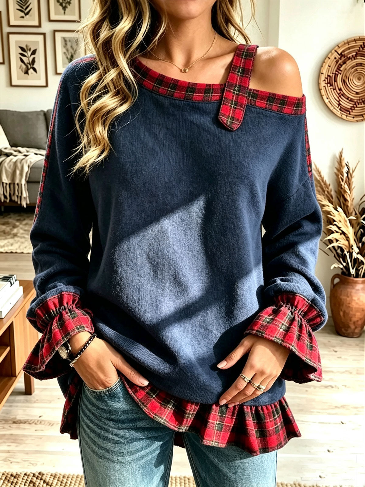 Women's Off Shoulder Plaid Patchwork Knit Top, Ruched Long Sleeve Casual Blouse