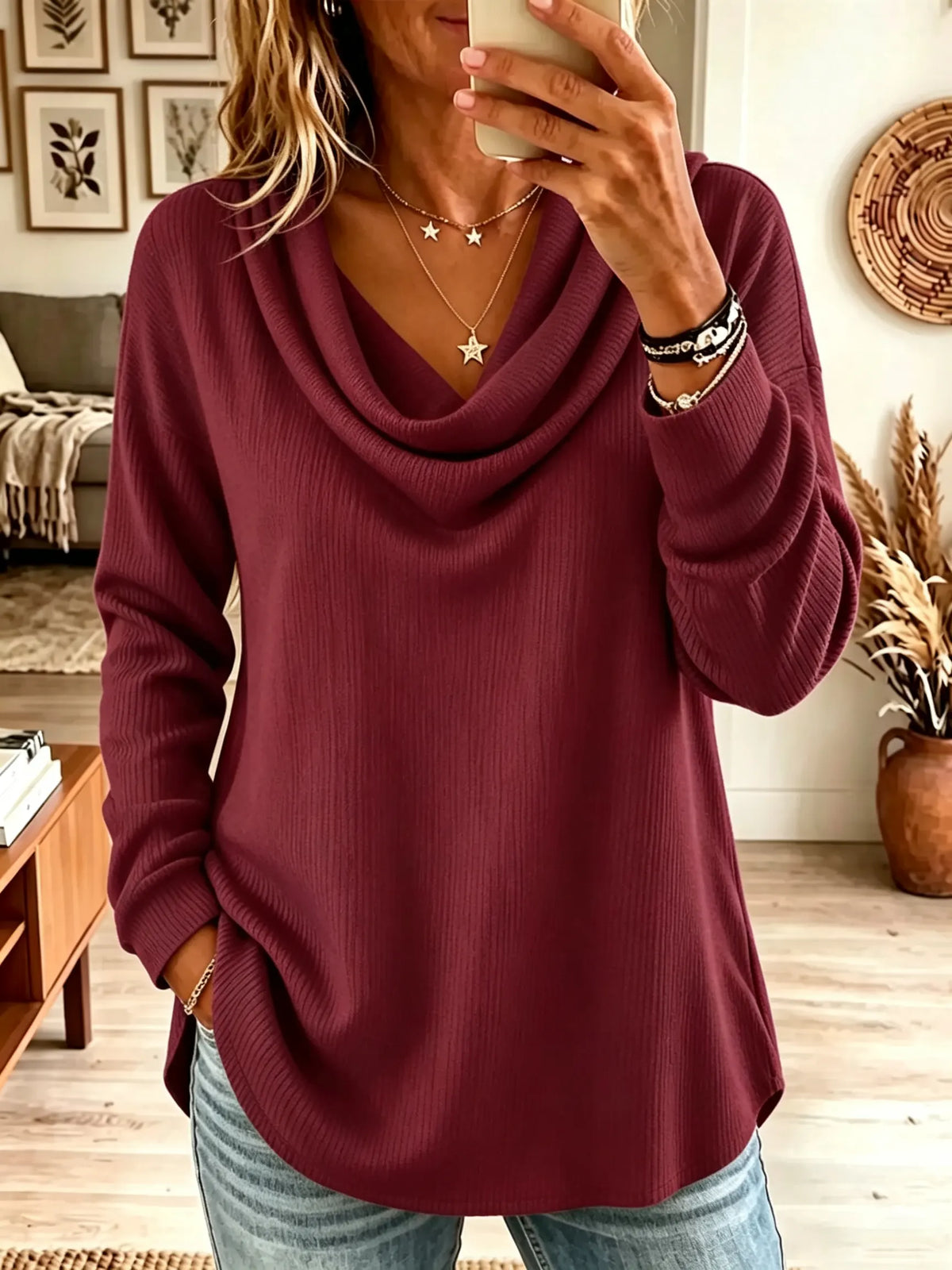 Women's Draped Cowl Neck Ribbed Knit Top