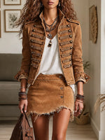 Women's Vintage Washed Military Jacket Frayed Denim Skirt 2 Piece Outfit Se