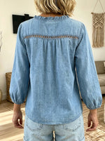 Women Ruffle V‑Neck Eyelet Lace Denim Peplum Blouse