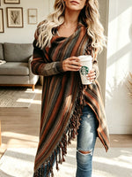 Women Striped Fringe Open Front Knit Cardigan
