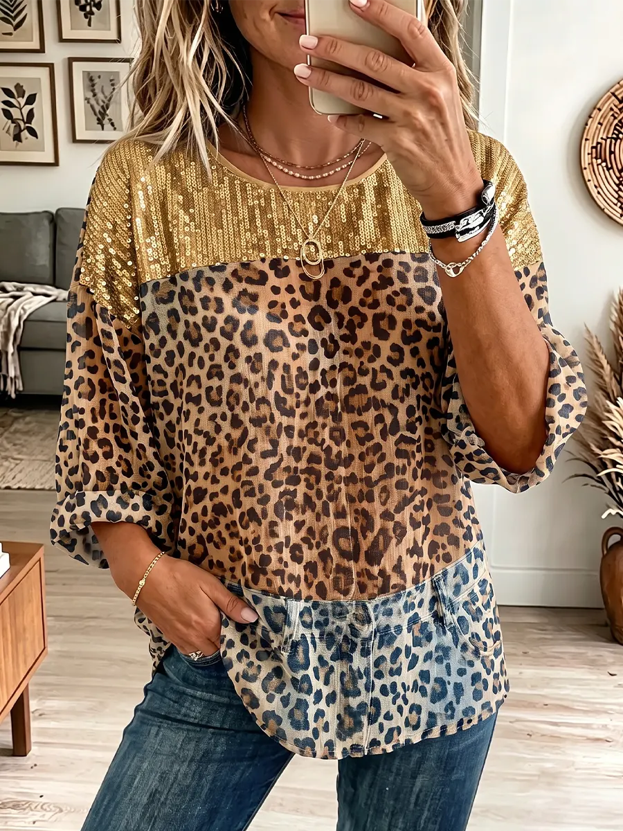 Vintage Elegant Sequin Paneled Leopard Print Chiffon Shirt