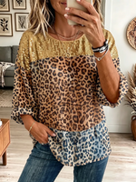 Vintage Elegant Sequin Paneled Leopard Print Chiffon Shirt