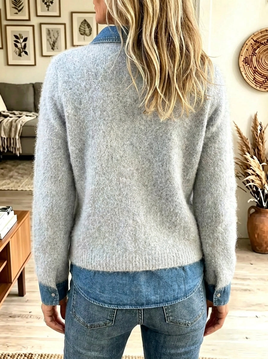 Women's Denim Patchwork Half-Zip Fuzzy Knit Sweater