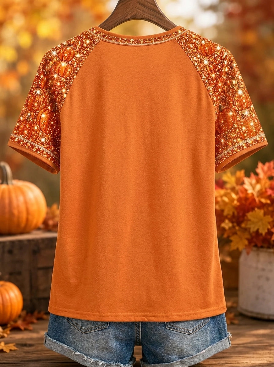 Women's Glitter Bow Pumpkin Raglan V-Neck T-Shirt