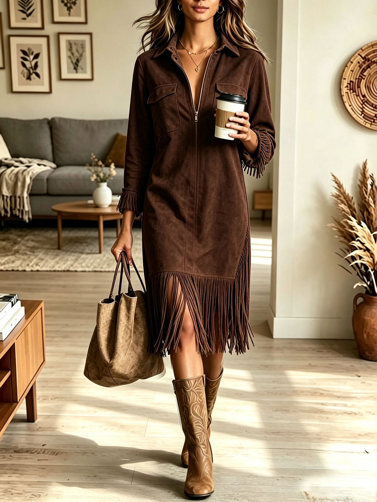 Women's Faux Suede Fringe Midi Dress, Half Zip Lapel Collar Western Cowgirl Dress