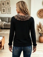 Women Leopard Cowl Neck Contrast Cuff Long Sleeve Top